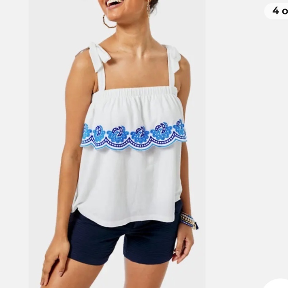 Lilly Pulitzer White Tie-Shoulder Tank with Blue Embroidery